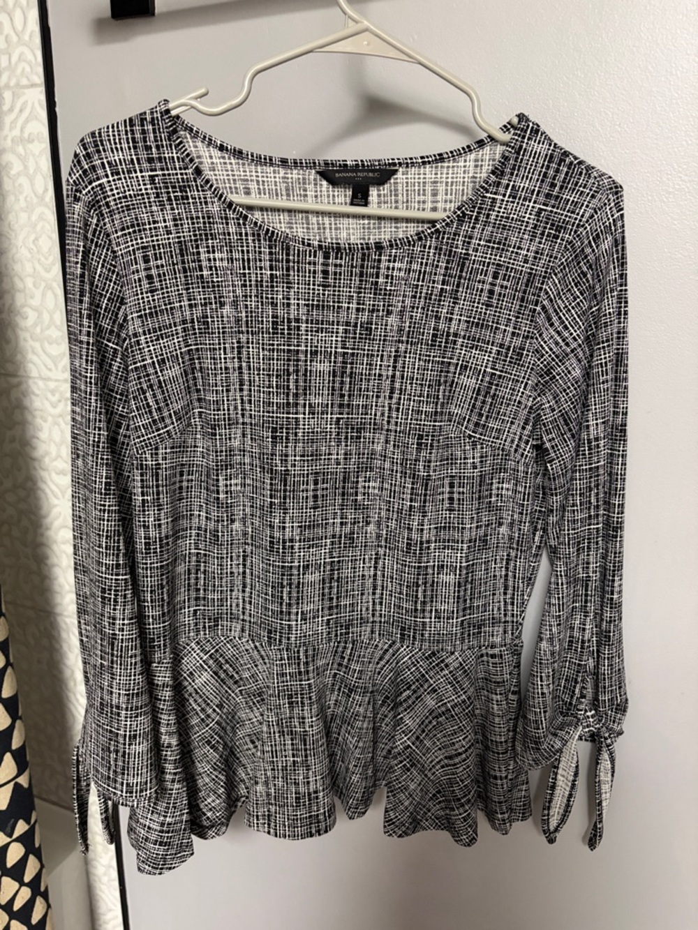 Banana Republic Black and White Textured Peplum Long-Sleeve Top